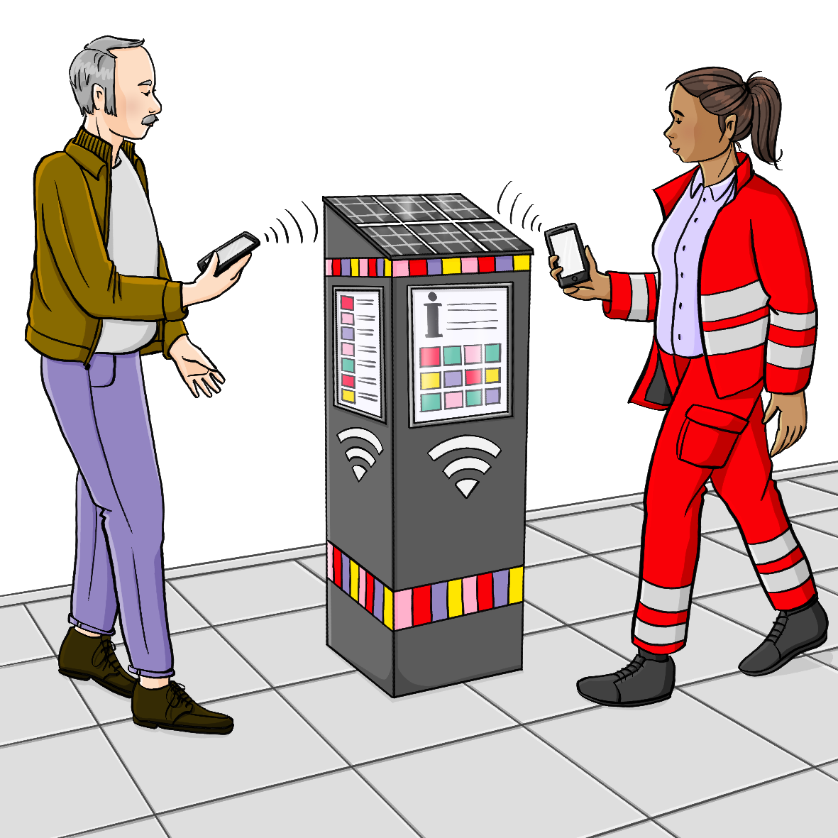 Ein Mann in Alltagskleidung und eine Frau in Rettungssanitäter-Uniform halten ihre Smartphones an einen Kasten auf dem Gehweg. Auf dem Kasten sind Displays und das W-Lan-Zeichen.