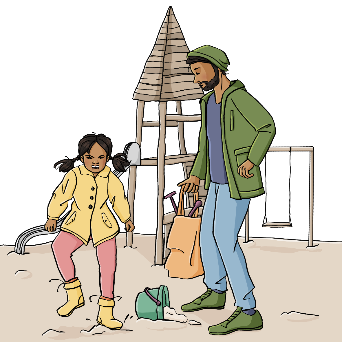 Alternativtext: Ein Mann und ein Mädchen stehen auf einem Spielplatz. Der Mann hält einen Beutel mit Sandspielzeug in der Hand. Das Mädchen schaut wütend und stampft mit dem Fuß auf.
