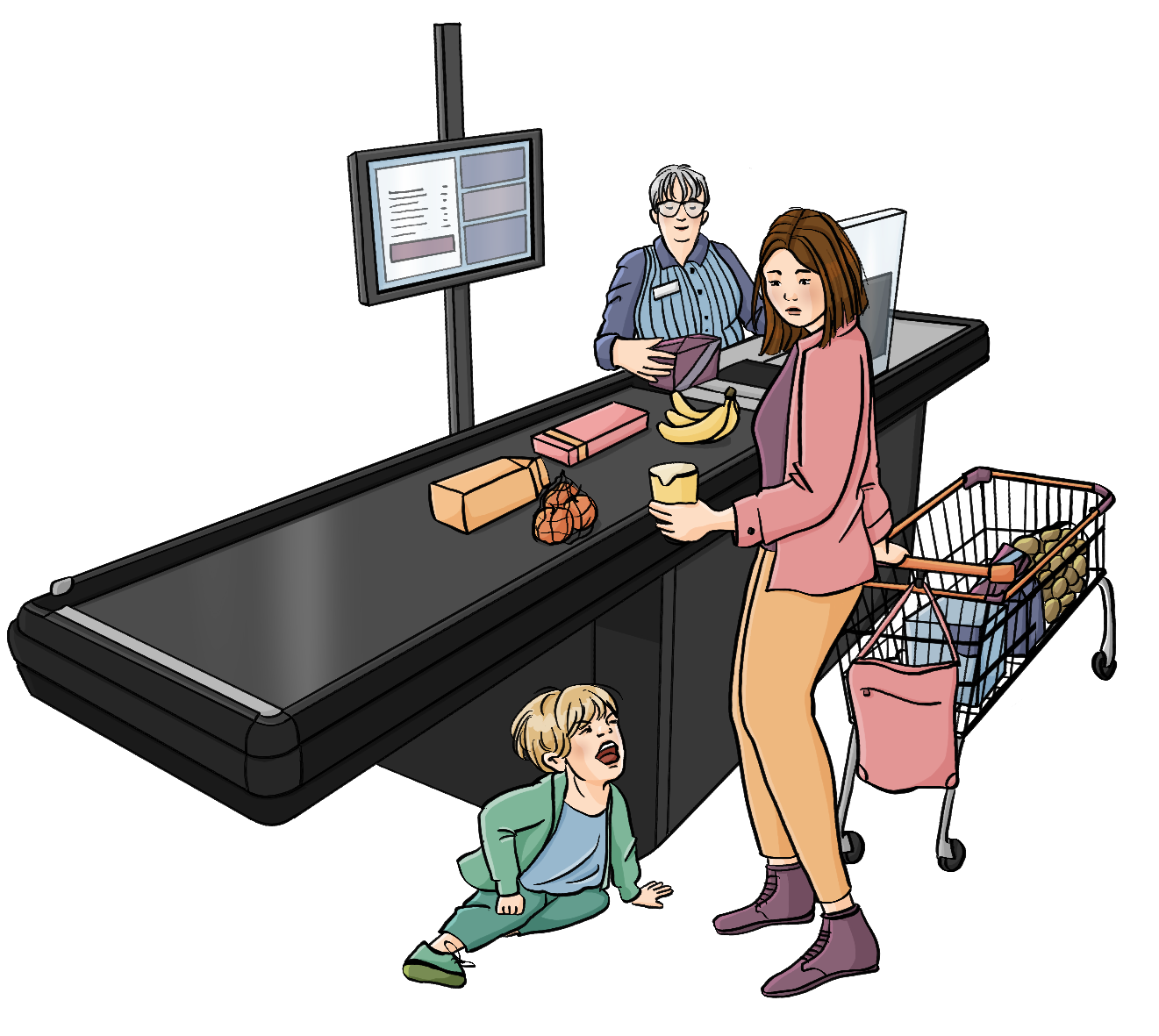 Eine Frau sitzt hinter einer Supermarktkasse, eine andere Frau legt Waren auf das Band. Neben ihr steht ein Einkaufswagen. Ein Kind sitzt auf dem Boden und schaut wütend. 