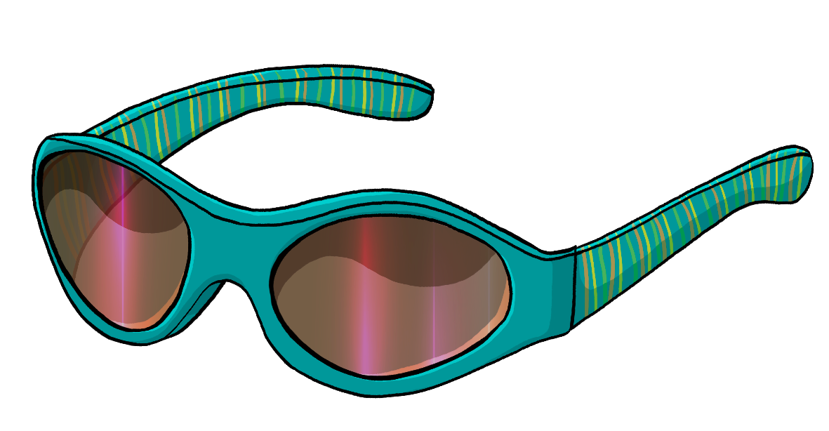 Eine ergonomisch geformte Sonnenbrille. Sie ist grün mit gelben Streifen.