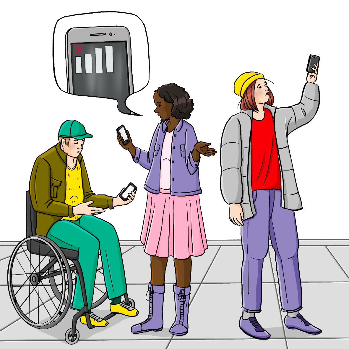 Menschen stehen auf dem Bürgersteig und halten ihre Handys in die Höhe. Sie schauen ratlos. Neben einer Frau ist eine Sprechblase mit einem vergrößertem Smartphone. Auf dem Display sind die Balken für den Netzempfang mit einem roten kreuz.