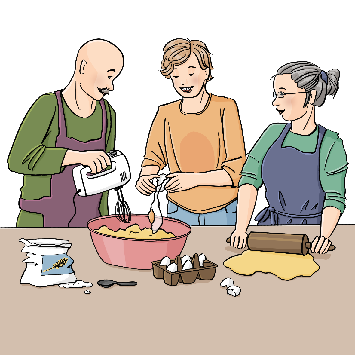 Ein Mann, eine Frau und ein Jugendlicher backen zusammen: Der Mann rührt mit einem Mixer in einer Schüssel, der Jugendliche schlägt ein Ei in die Schüssel. Die Frau rollt Teig aus. Auf dem Tisch vor ihnen sind Eier und ein Paket Mehl. 