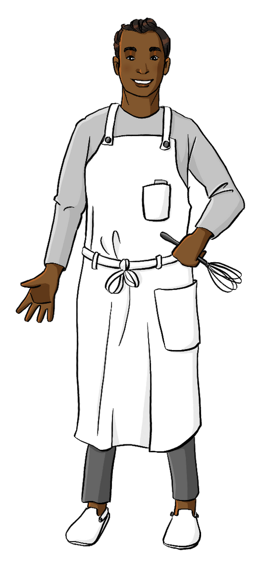 Ein Mann mit weißer Schürze. Er hält einen Schneebesen in der Hand.