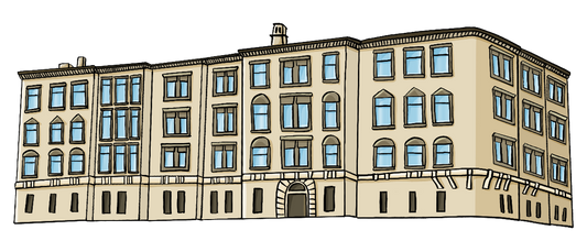 Ein großes Haus mit 4 Etagen und vielen Fenstern.Ein großes Haus mit mehreren Trakten, 4 Etagen und vielen Fenstern.