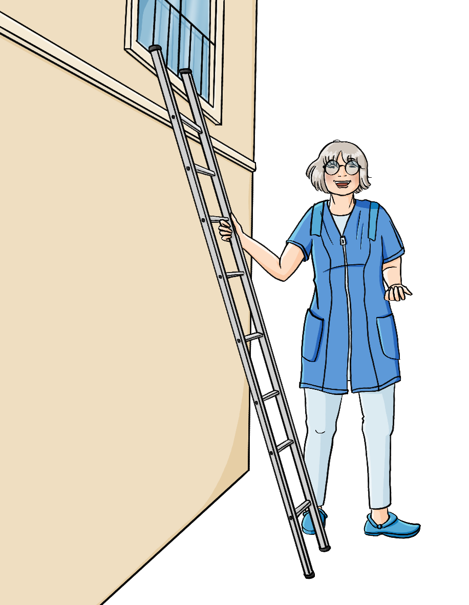 Eine Frau in blauem Kittel lehnt eine Leiter an eine Hauswand. 