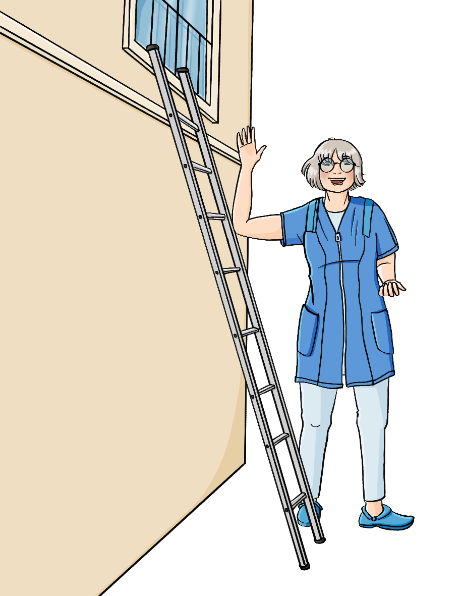 Eine Leiter ist an eine Hauswand gelehnt. Daneben steht eine Frau in blauem Kittel. Sie berührt die Leiter unten mit dem Fuß. Sie hat die Hand erhoben und den Arm angewinkelt. Der Ellbogen berührt die Leiter. 