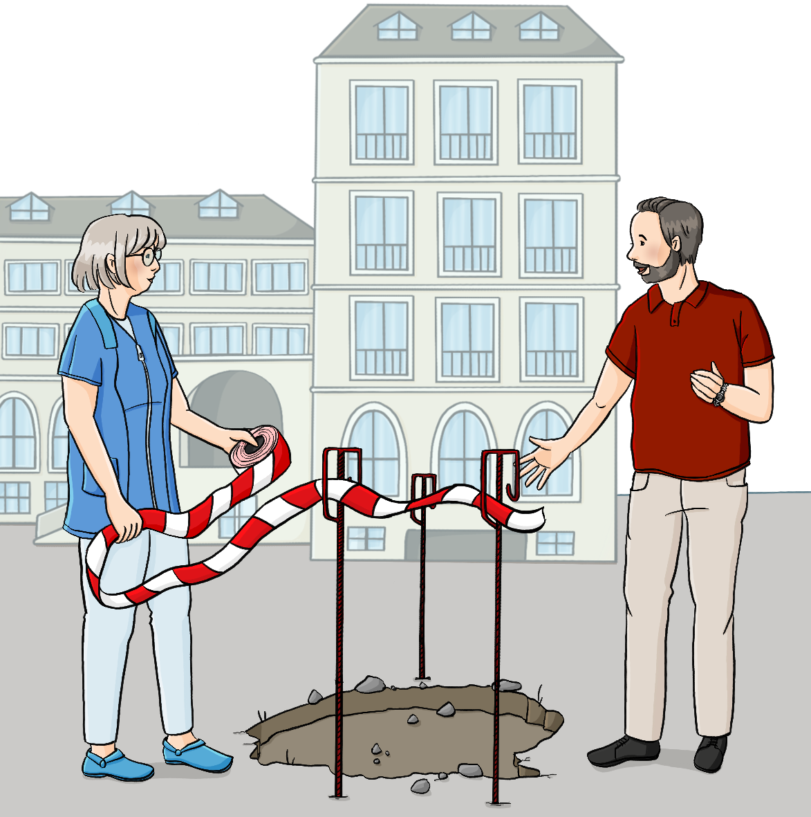 Eine Frau in blauem Kittel und ein Mann stehen neben einem Loch im Boden. Um das Loch herum stehen Metallstützen mit Absperrband. Die Frau hält eine Rolle Absperrband in der Hand. Im Hintergrund ist ein Schulgebäude. 