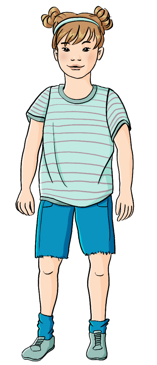Ein Mädchen im Grundschul-Alter. Sie trägt ein türkis-gestreiftes T-Shirt und eine kurze blaue Hose. Ihre Haare sind blond, ihre Haut ist hell-beige.