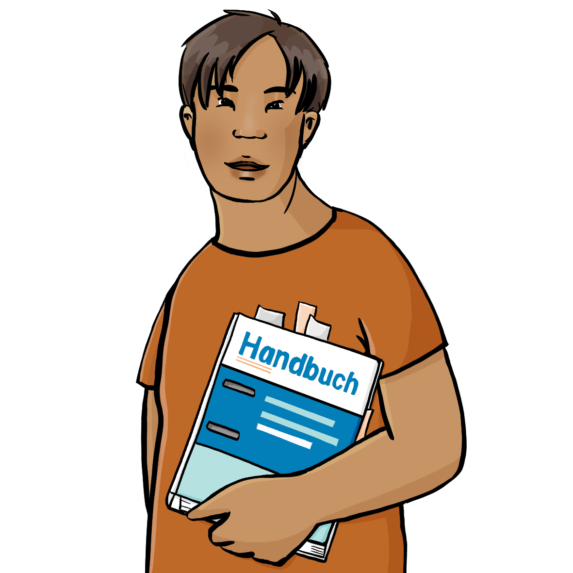 Ein Mann mit Downsyndrom hält einen Ordner unter dem Arm. Auf dem Order steht: Handbuch.