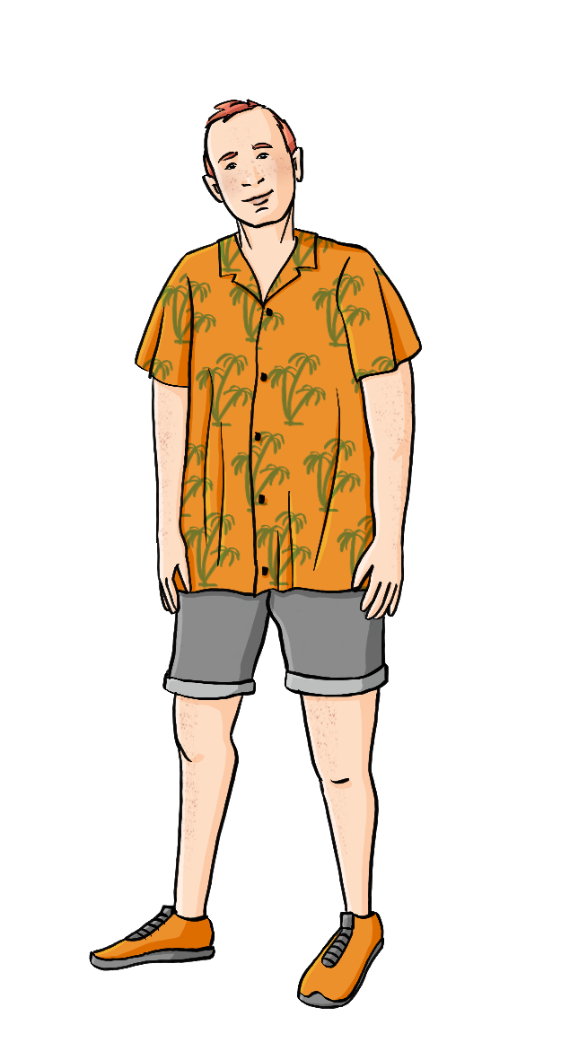 Ein Mann mit kurzer Hose und Hawaiihemd.