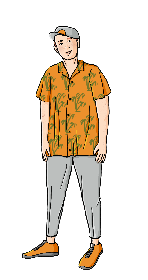 Ein Mann mit Käppi, langer Hose und einem kurzärmeligen Hawaiihemd.