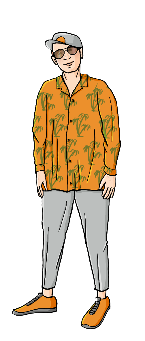 Ein Mann. Er trägt eine lockere lange Hose, ein langärmliges Hawaiihemd, eine Sonnenbrille und eine Käppi.