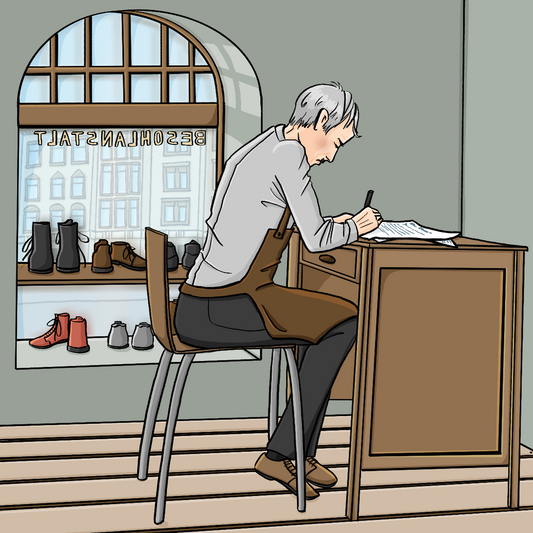 Ein Mann in Arbeitsschürze sitzt am Schreibtisch und schreibt. Er schaut verbittert. Im Hintergrund ist ein Schaufenstern mit Schuhen.