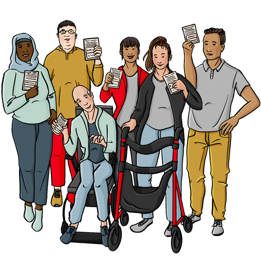 Eine Gruppe Menschen mit und ohne Behinderungen. Alle halten einen südtiroler Wahlausweis hoch.