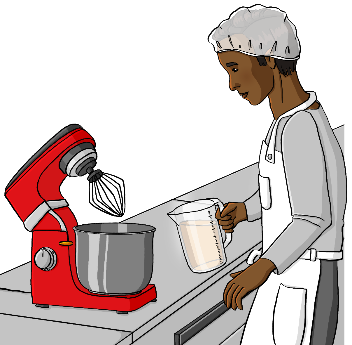 Ein Mann mit weißer Schürze und Haube steht vor einer Küchenmaschine mit Mixeraufsatz.