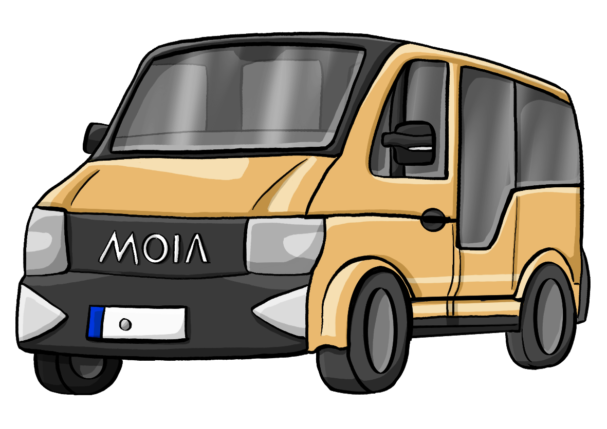 Ein gelber Kleinbus mit der Aufschrift: MOIA