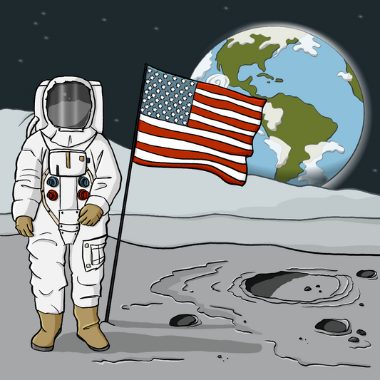 Eine Person im Raumanzug auf einem von Kratern durchzogenen Boden. Neben der Person steht die Flagge von Amerika, im Hintergrund ist die Erdkugel und Sterne auf dunklem Grund.&nbsp;