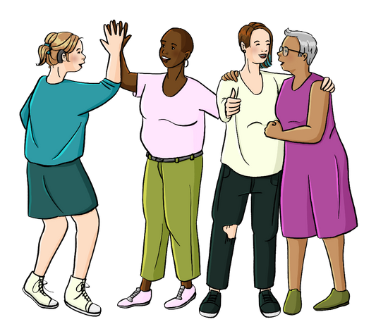 Eine Gruppe Frauen. Sie haben die Arme umeinander gelegt oder geben sich ein High Five.