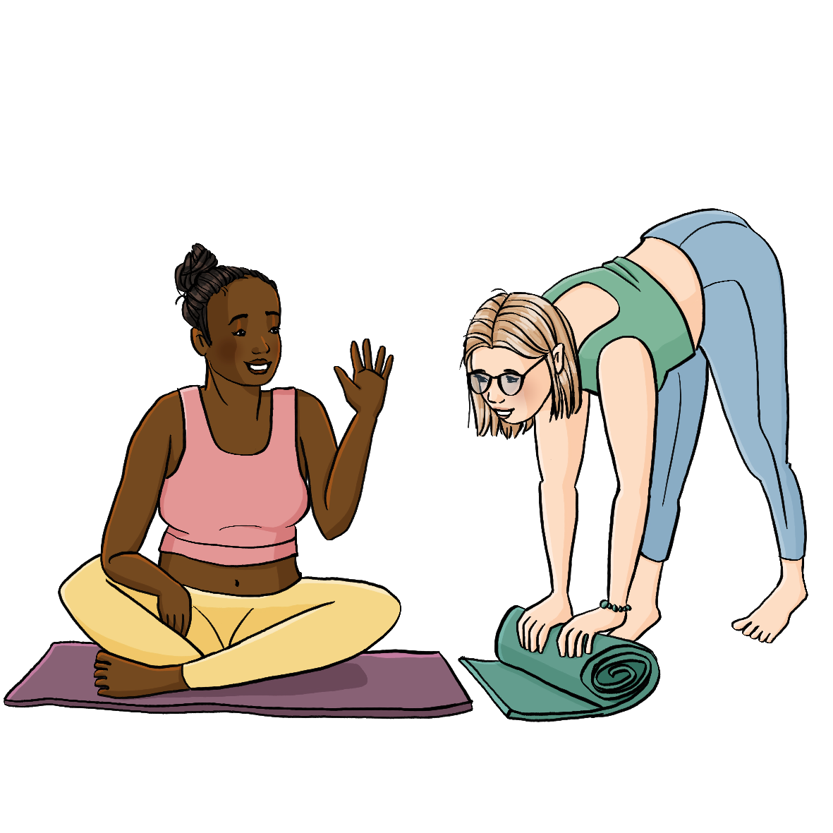 Eine Frau in Sportkleidung sitzt auf einer Yogamatte. Sie hat die Hand grüßend erhoben. Eine andere Frau rollt neben ihr eine Matte aus.