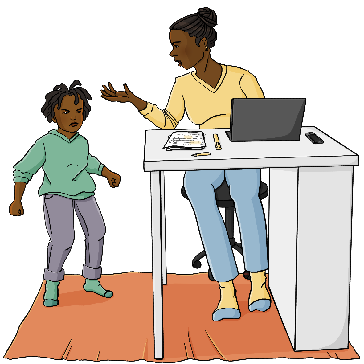 Eine Frau sitzt am Schreibtisch, darauf steht ein Computer. Neben dem Tisch stampft ein Kind auf den Boden und schaut wütend. Die Frau schaut das Kind genervt an.