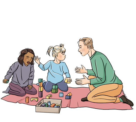 Zwei Mädchen sitzen auf einem Teppich und spielen mit Bauklötzen. Ein Mädchen weint, das zweite Mädchen hat die Hand erhoben. Ein Mann kniet neben dem zweiten Mädchen und redet mit ihm.