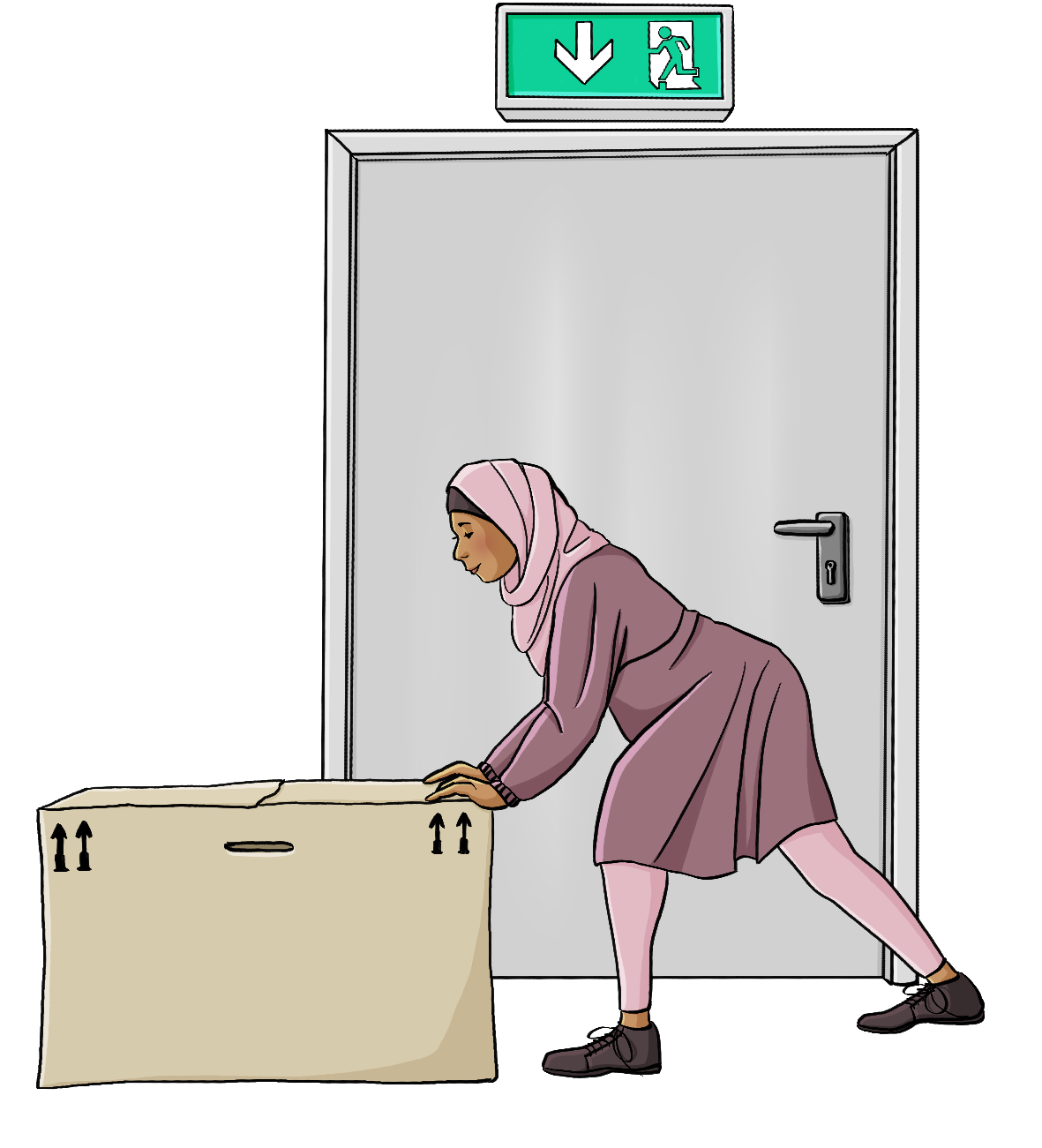 Eine Frau schiebt einen Karton zur Seite. Hinter dem Karton ist eine Tür mit einem Notausgang-Zeichen.