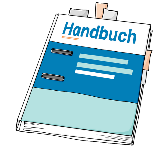 Ein Ordner mit der Aufschrift: Handbuch. Mehrere Lesezeichen stecken im Ordner.