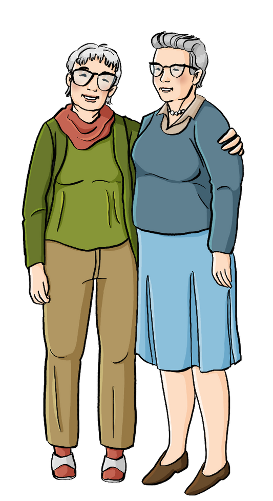 Zwei ältere Frauen halten sich im Arm.