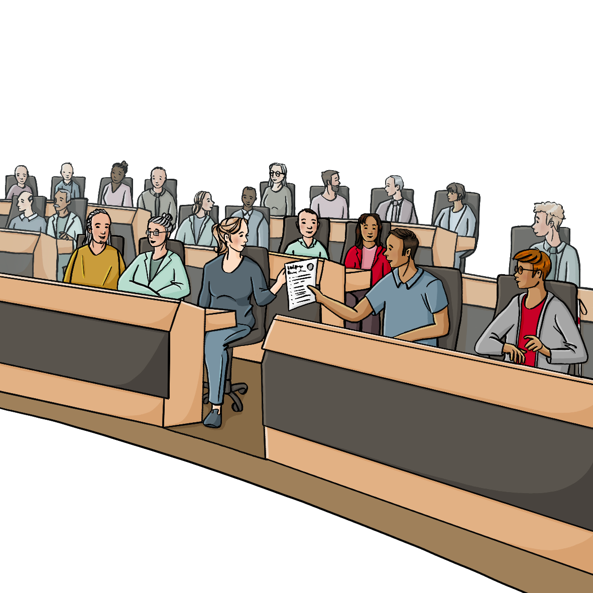 Menschen in förmlicher Kleidung sitzen in halbrund angeordneten Tischreihen. In der vordersten Reihe gibt ein Mann einen Zettel an eine Frau.