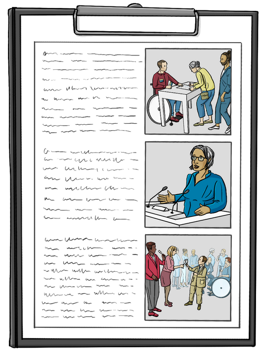 Ein Klemmbrett mit einer Tabelle. In der linken Spalte ist unlesbare Schrift, in der Rechten Spalte sind drei Bilder. Auf dem obersten Bild stehen Menschen vor einem Tisch Schlange. Auf dem mittleren Bild hält eine Frau eine Rede. Auf dem unteren Bild stoßen Menschen mit Sektgläsern an.