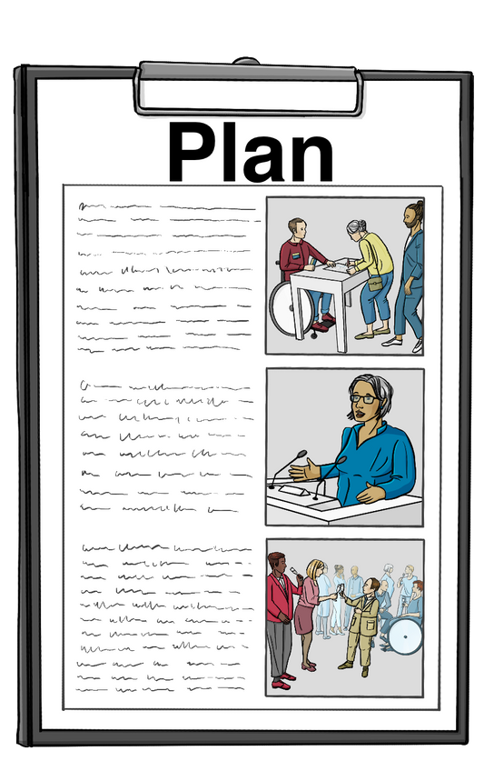 Ein Klemmbrett mit einer Tabelle. In der linken Spalte ist unlesbare Schrift, in der Rechten Spalte sind drei Bilder. Auf dem obersten Bild stehen Menschen vor einem Tisch Schlange. Auf dem mittleren Bild hält eine Frau eine Rede. Auf dem unteren Bild stoßen Menschen mit Sektgläsern an. Über der Tabelle steht das Wort: Plan