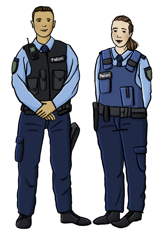 Ein Mann und eine Frau in Polizei-Uniform.