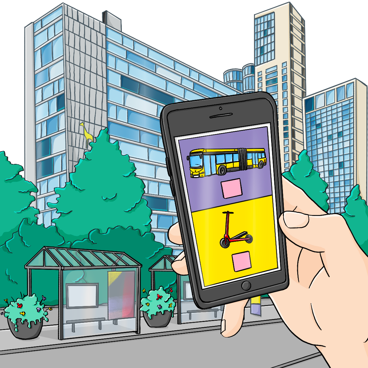 Ein begrünter Platz mit Bushaltestellen, im Hintergrund sind Hochhäuser. Im Vordergrund hält eine Hand ein Smartphone. Auf dem Display ist ein Bus und ein E-Roller.
