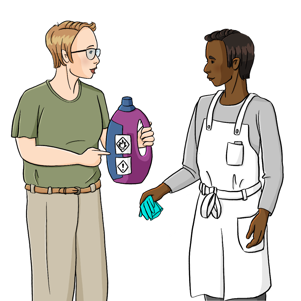 Eine Frau hält eine Plastikflasche mit Gefahrensymbolen in der Hand. Sie zeigt darauf und redet. Neben ihr stehen ein Mann in weißer Schürze. Er hält Handschuhe in der Hand.