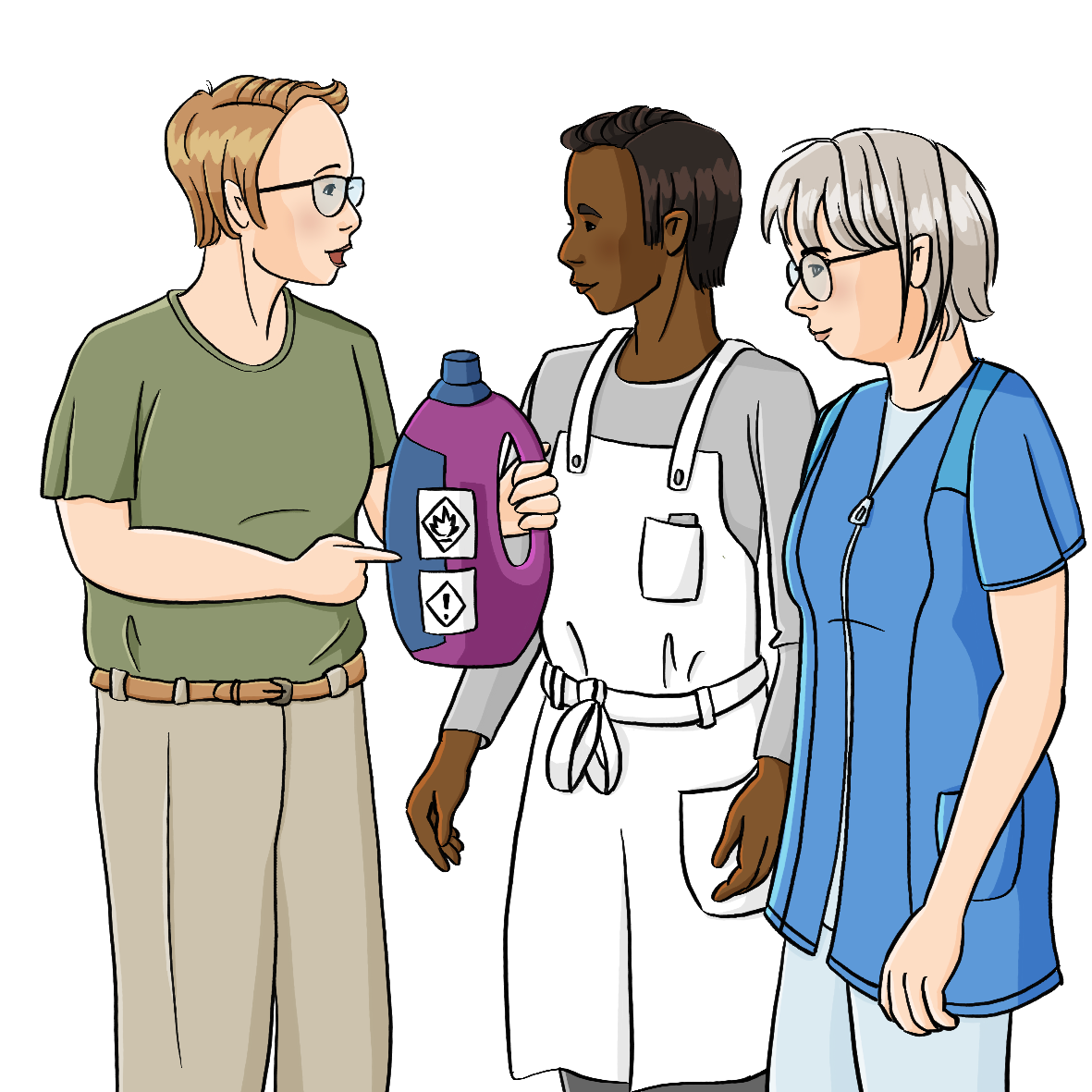 Eine Frau hält eine Plastikflasche mit Gefahrensymbolen in der Hand. Sie zeigt darauf und redet. Neben ihr stehen ein Mann in weißer Schürze und eine Frau in blauem Kittel.