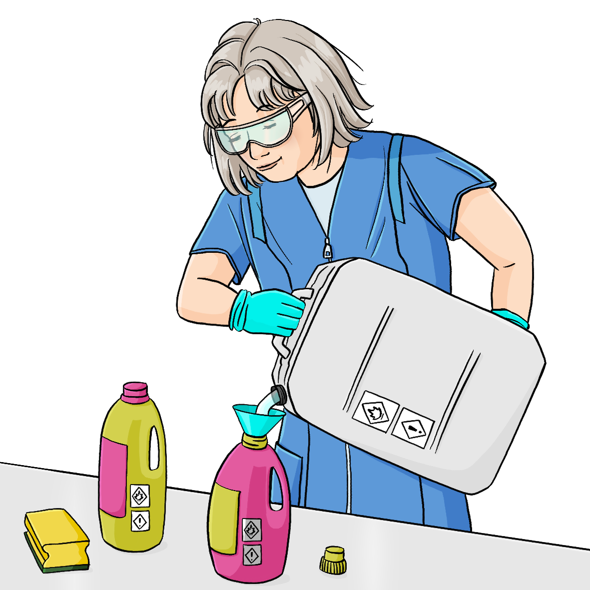 Eine Frau füllt eine Flüssigkeit aus einem Kanister in Plastikflaschen. Sie trägt Handschuhe und eine Schutzbrille. Neben den Flaschen liegt ein Schwamm.
