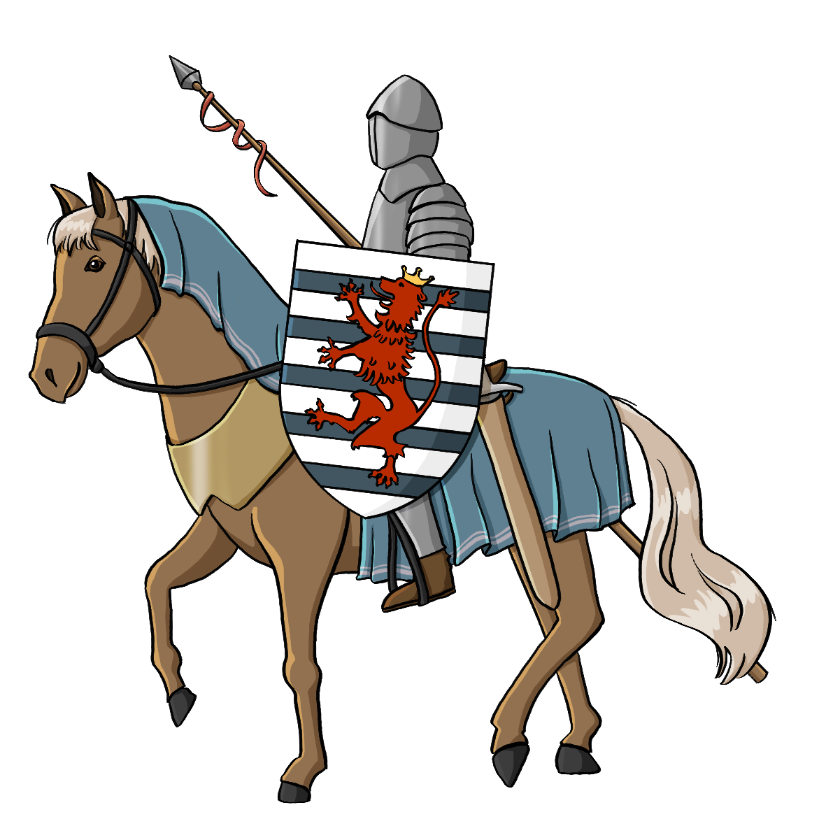 Eine Person in Ritterrüstung auf einem Pferd. Sie hält eine Lanze und einen Schild.