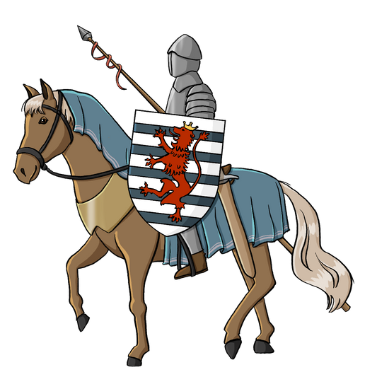 Eine Person in Ritterrüstung auf einem Pferd. Sie hält eine Lanze und einen Schild.