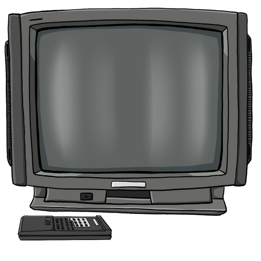 Ein ausgeschalteter Röhrenfernseher mit Fernbedienung.