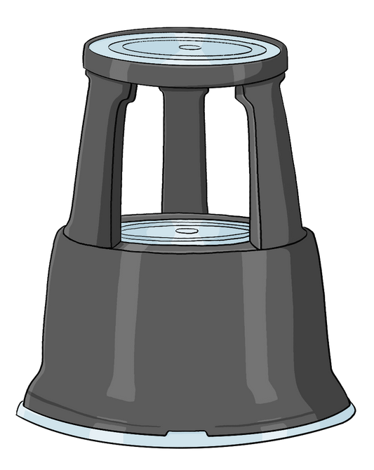 Ein runder Hocker mit Rollen.