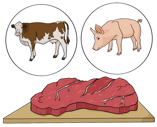 Ein Brett mit einem Stück rohem, roten Fleisch. Über dem Brett sind ein Kreis mit dem Bild von einer Kuh und ein Kreis mit dem Bild von einem Schwein.