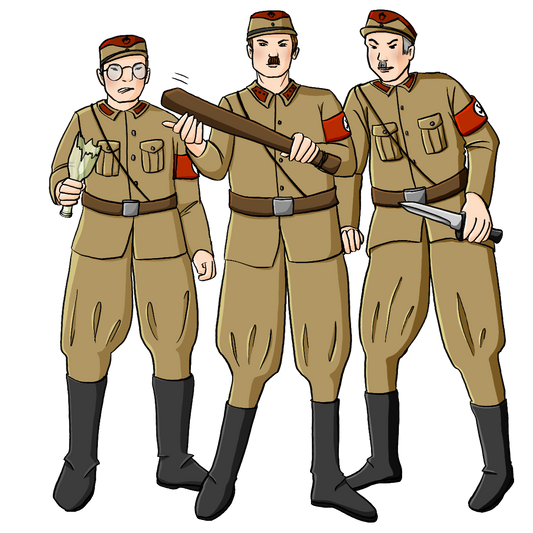 Drei Männer in Uniformen der Nationalsozialisten. Sie schauen grimmig. Einer hält eine abgebrochene Flasche in der Hand, einer einen Knüppel und einer ein Messer.