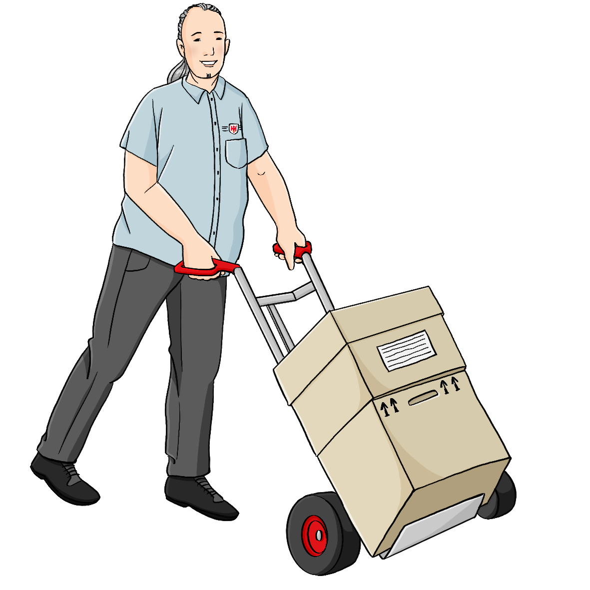 Ein Mann mit grauer Hose und blauem Hemd schiebt eine Sackkarre mit Kartons.