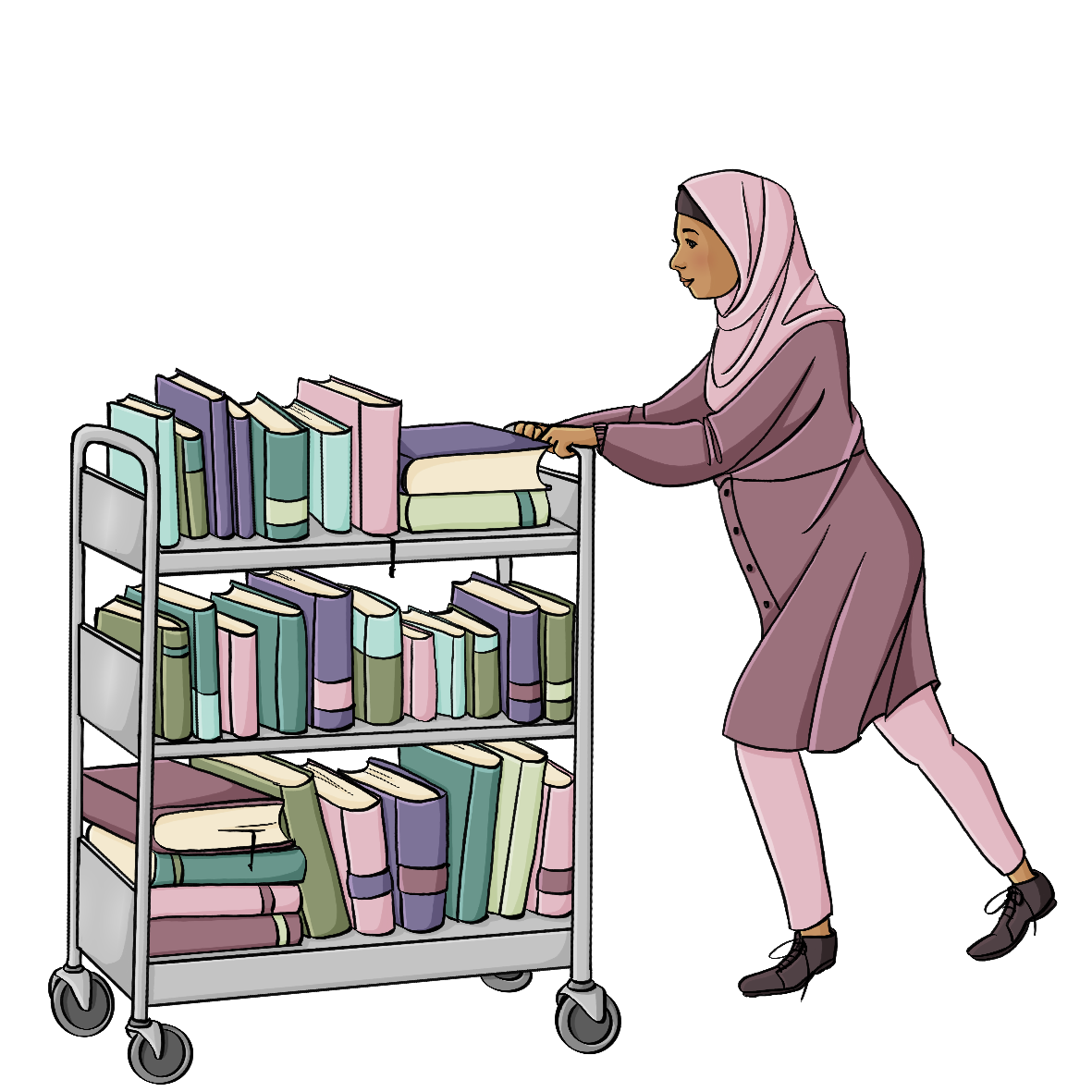 Eine Frau schiebt einen Metallwagen voller Bücher.