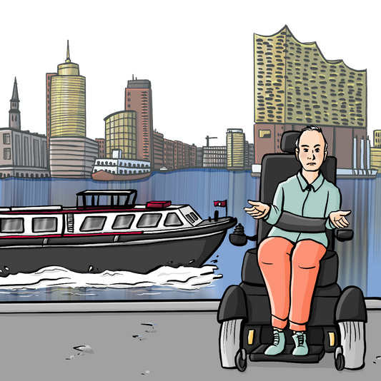 Ein Mann im Rollstuhl steht an einem Flussufer und schaut ärgerlich. Im Hintergrund fährt ein Ausflugsschiff.