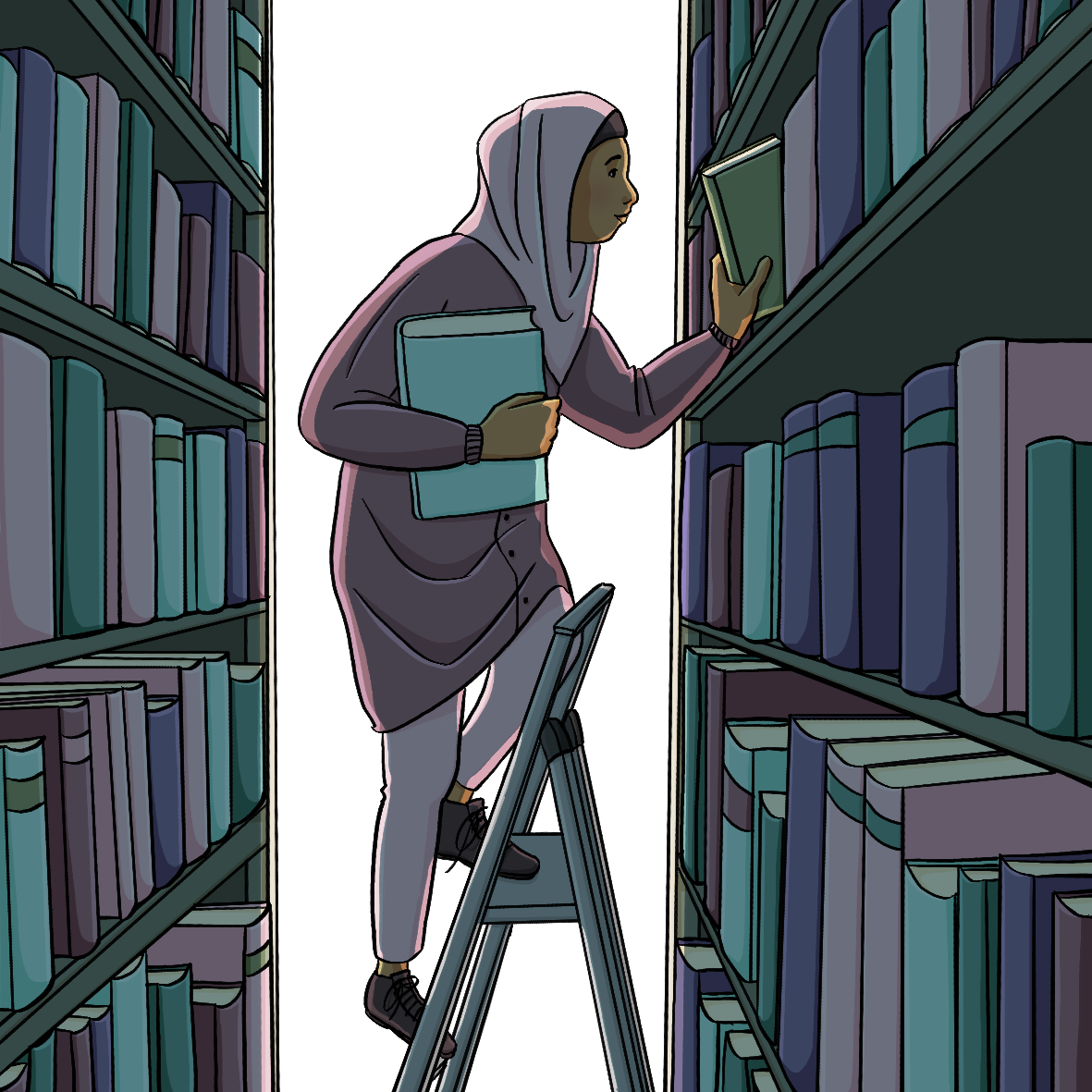 Eine Frau steht auf einer Leiter und räumt Bücher in ein Regal. Es ist sehr Dunkel zwischen den Regalen.