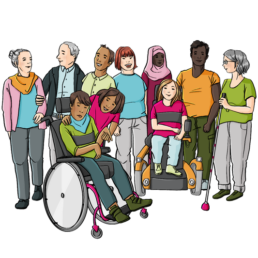 Eine Gruppe Menschen mit und ohne Behinderungen mit verschiedenen Hautfarben.