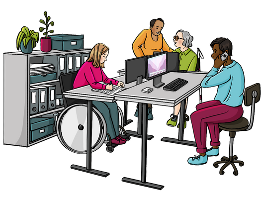 Eine Gruppe Menschen mit und ohne Behinderungen in einem Büro. Sie telefonieren und arbeiten am Computer. Ein Schreibtisch ist etwas höher als die anderen.
