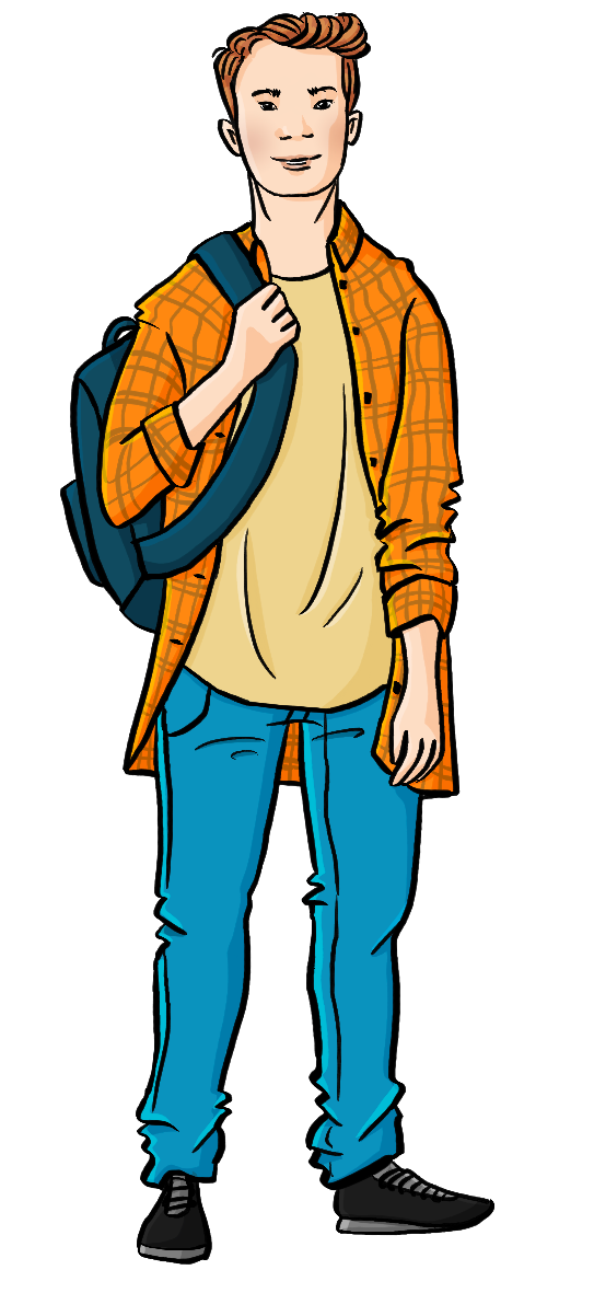 Ein jugendlicher mit einem Rucksack. Er trägt Jeans, ein gelbes T-Shirt und ein orange-kariertes Hemd. Seine Haare sind rot, seine Haut ist hellbeige.
