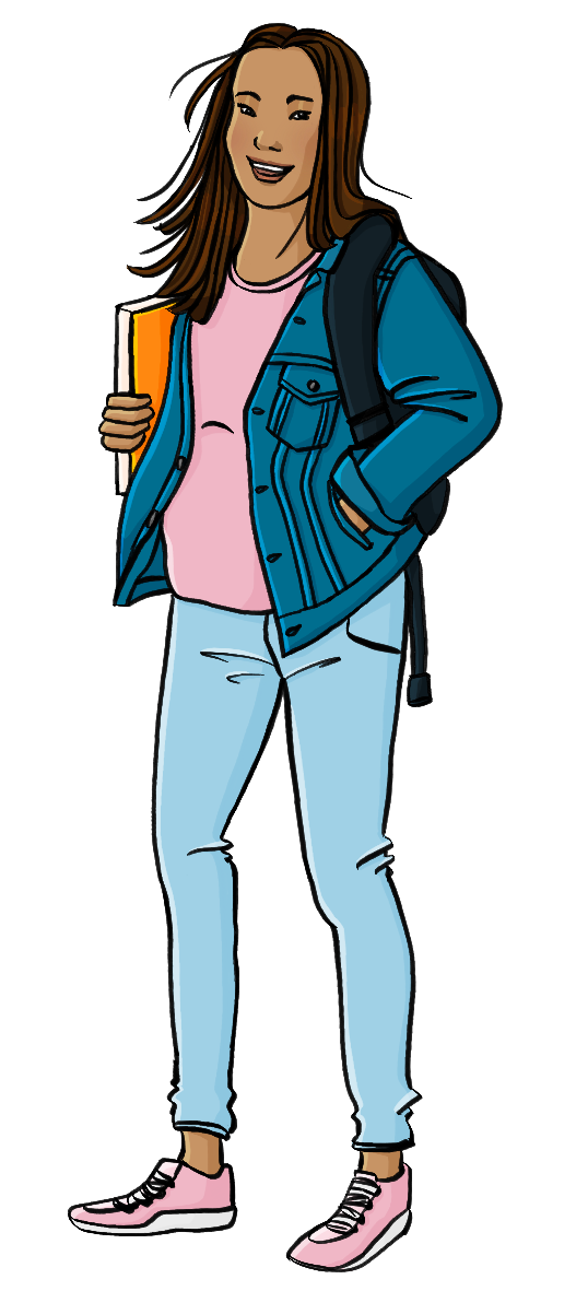 Eine Jugendliche mit einem Rucksack und einem Buch unter dem Arm. Sie trägt Jeans, ein rosa T-Shirt und eine blaue Jacke. Ihre Haare sind dunkelbraun, ihre Haut ist hellbraun.